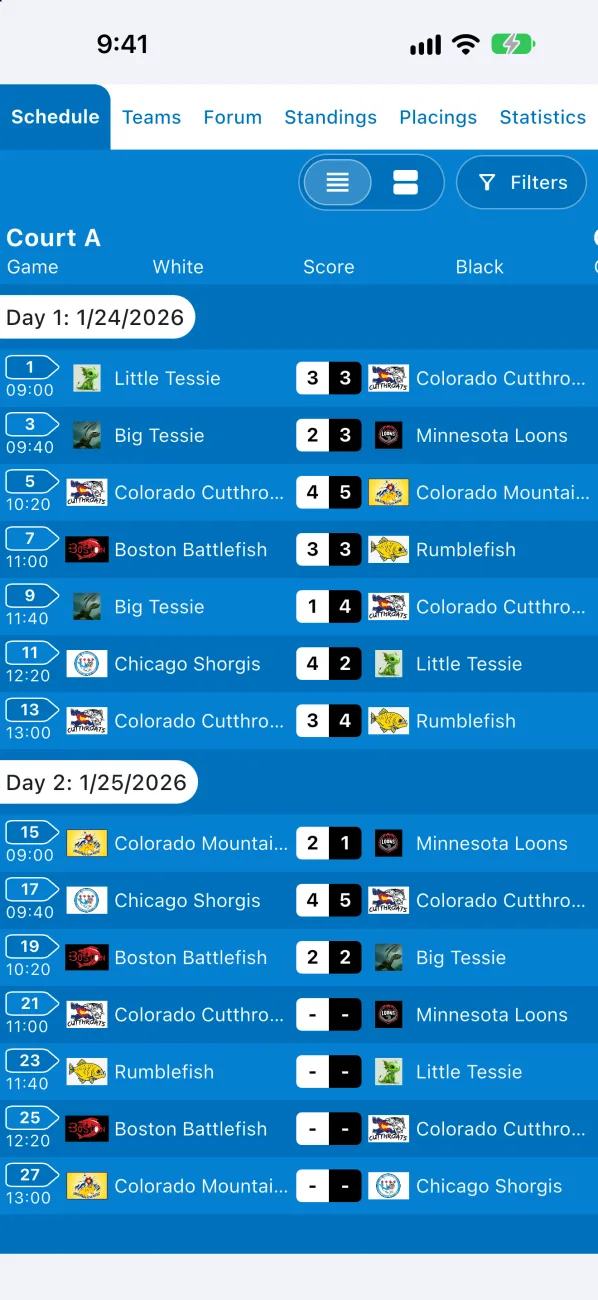 Courts, times, and live scores